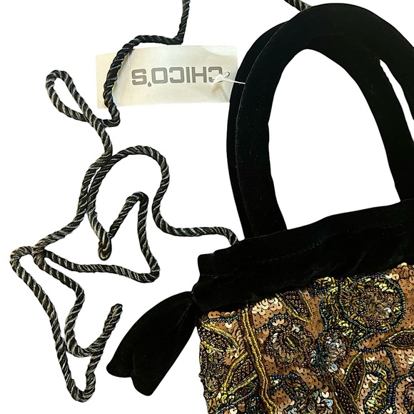Chico’s Beaded Sequin Flapper 20s Great Gatsby Velvet Bucket Bag Purse Gold New - Picture 10 of 11